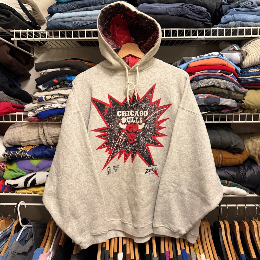 Vintage Chicago Bulls Zubaz Hoodie Mens Large Gray NBA Pullover Graphic Splatter